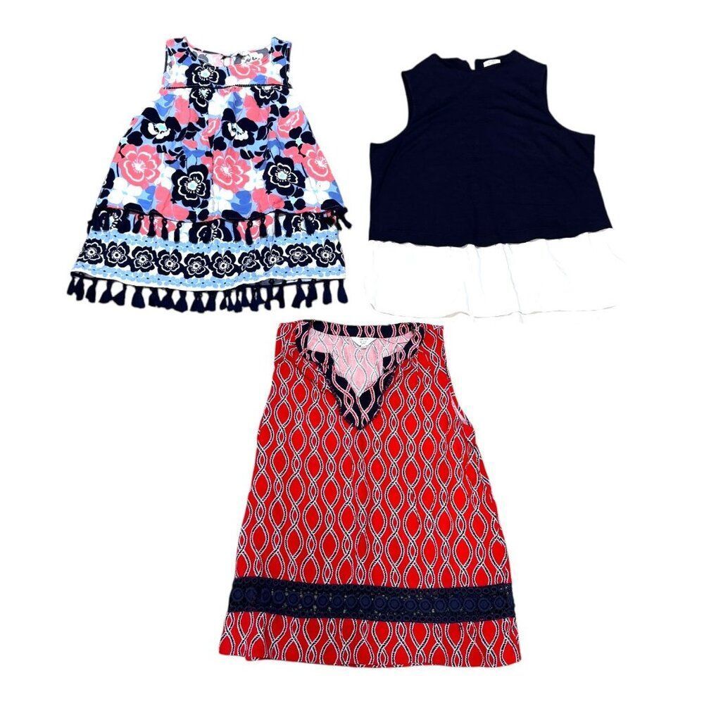 Crown & Ivy Womens Sleeveless Tops Lot of 3 Set Size L Petite PL Navy Floral Red